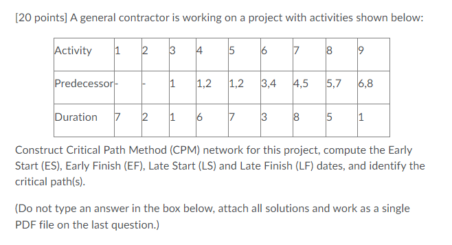  [20 points] A general contractor is working on a project with