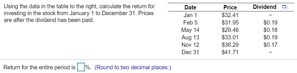  Dividend Using the data in the table to the right, calculate
