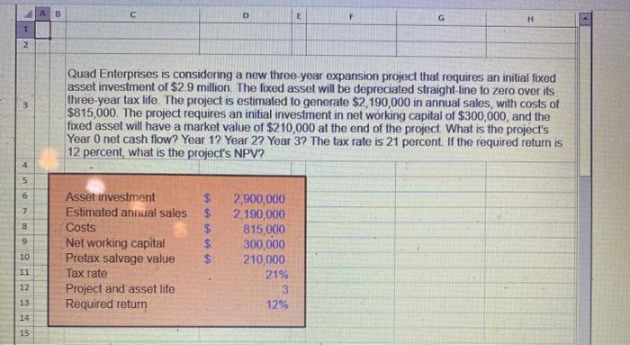  AB D E H 2 Quad Enterprises is considering a new