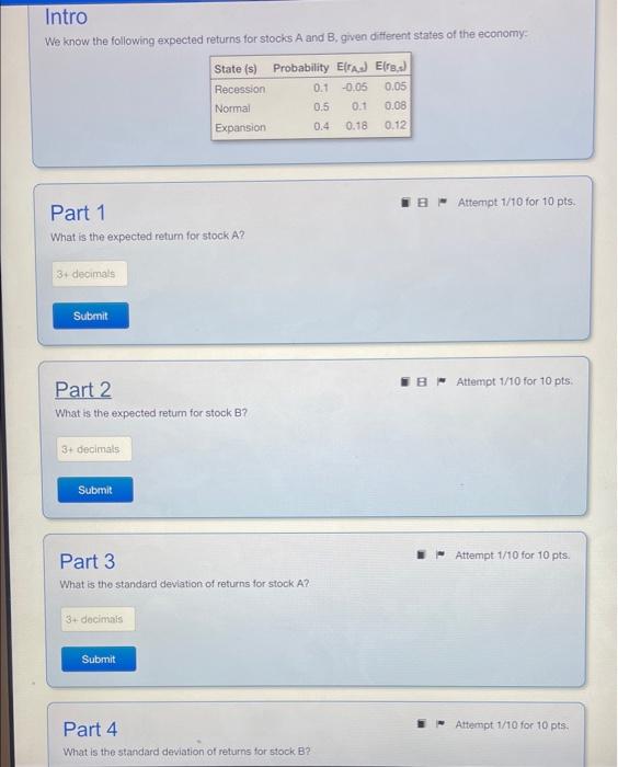 part 1- 4 Intro We know the following expected returns for