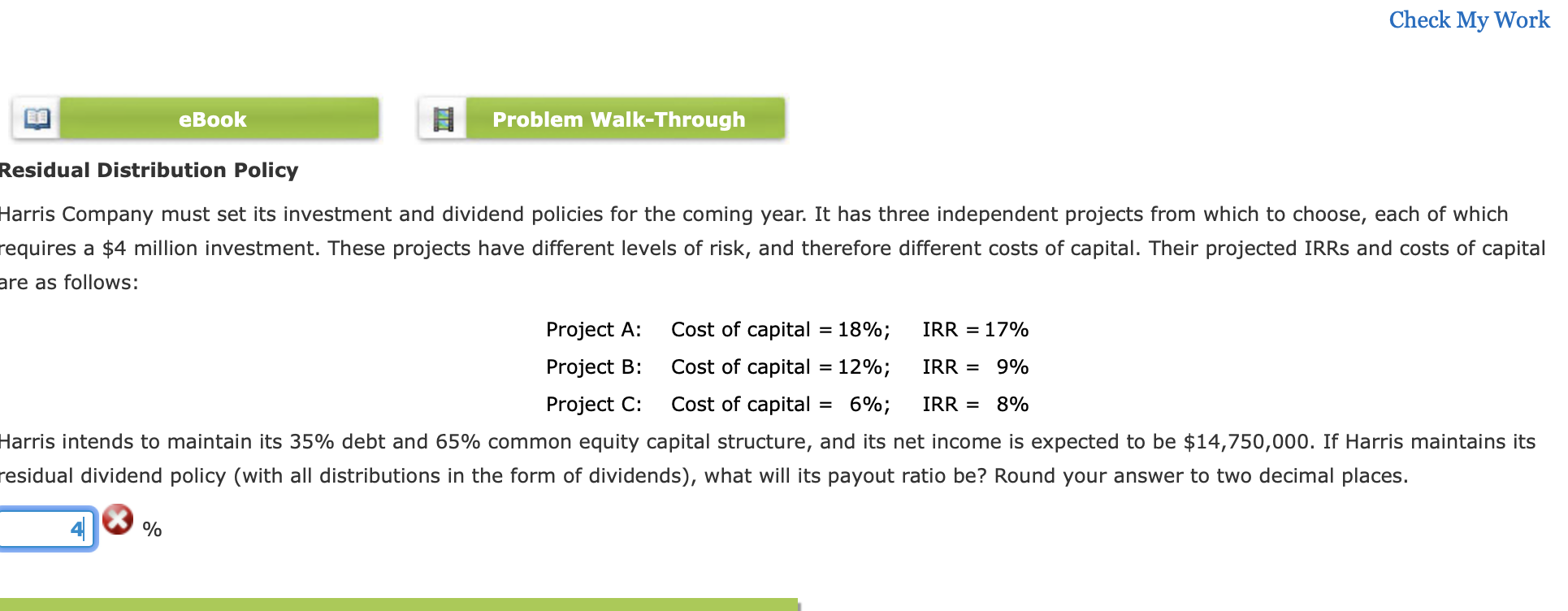  Check My Work eBook Problem Walk-Through Residual Distribution Policy Harris Company