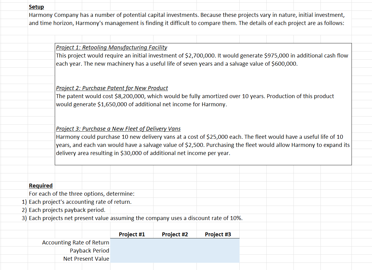 Please show the equation like this for each project: Harmony Company has