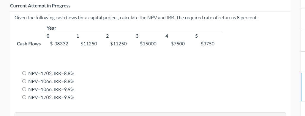  Current Attempt in Progress Given the following cash flows for a