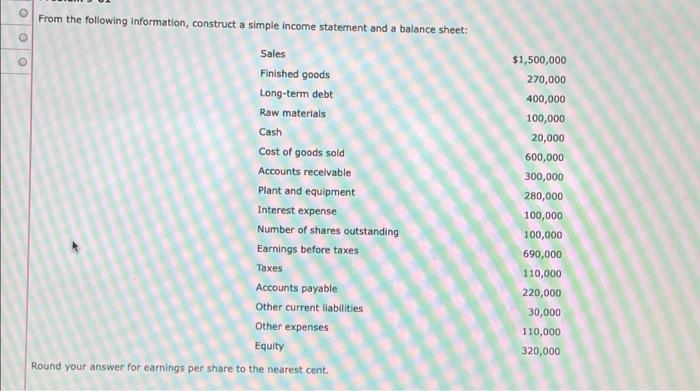  o From the following information, construct a simple income statement and