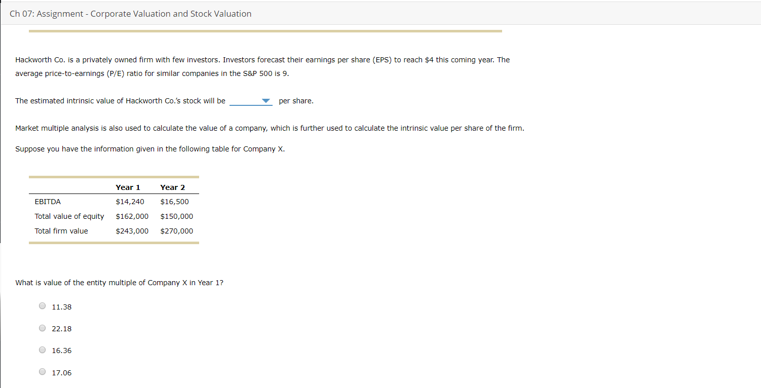 Ch 07: Assignment - Corporate Valuation and Stock Valuation Hackworth Co.