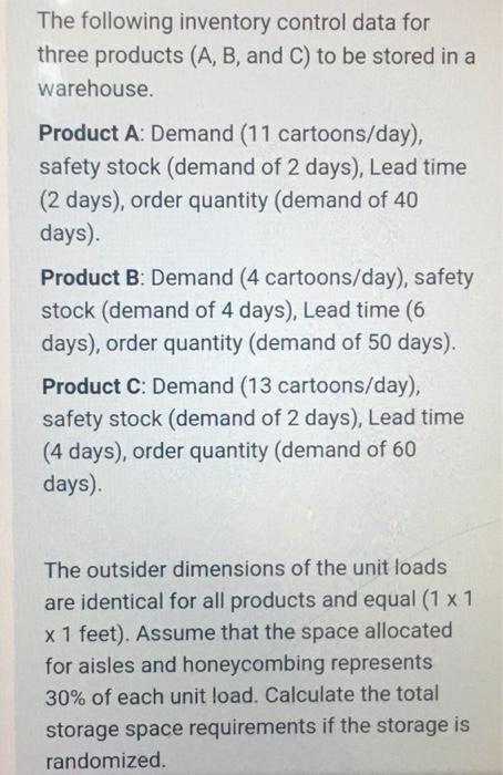  The following inventory control data for three products (A, B, and