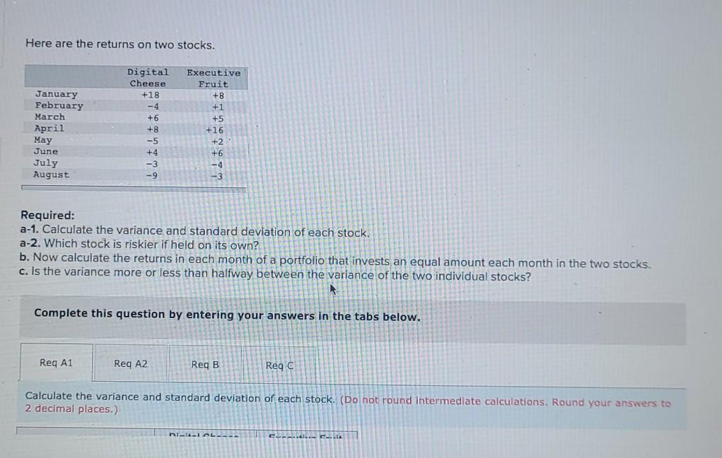 please help!! Here are the returns on two stocks. January February