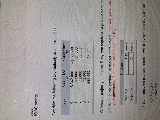  value: 10.00 points Consider the following two mutually exclusive projects: Year