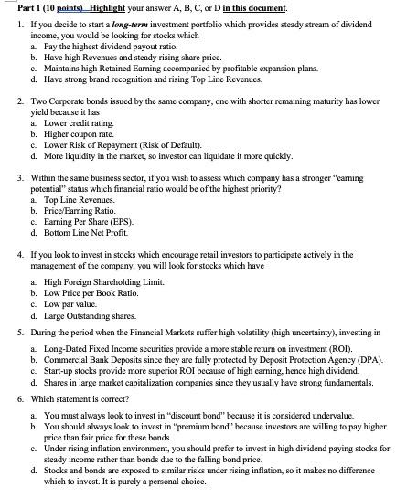  Part 1 (10 points) Highlight your answer A, B, C, or