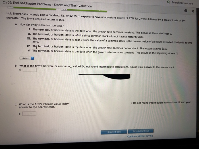  Search this course Ch 09: End-of-Chapter Problems - Stocks and Their