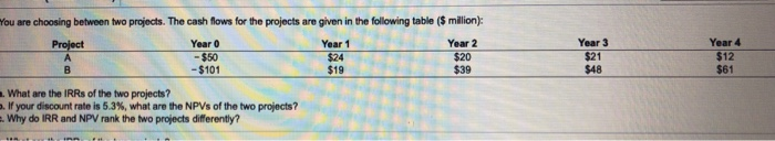  You are choosing between two projects. The cash flows for the