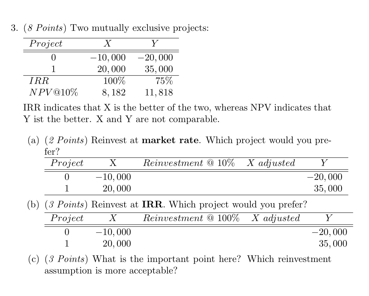 3. (8 Points) Two mutually exclusive projects: IRR indicates that X