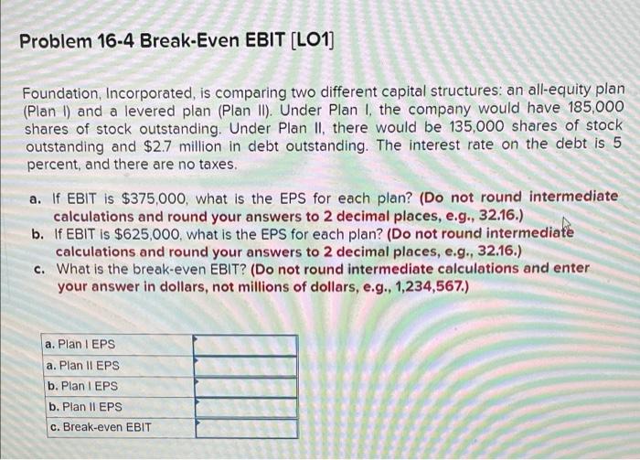  Problem 16-4 Break-Even EBIT (LO1) Foundation, Incorporated, is comparing two different