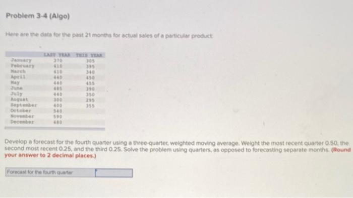  Problem 3-4 (Algo) Here are the data for the past 21
