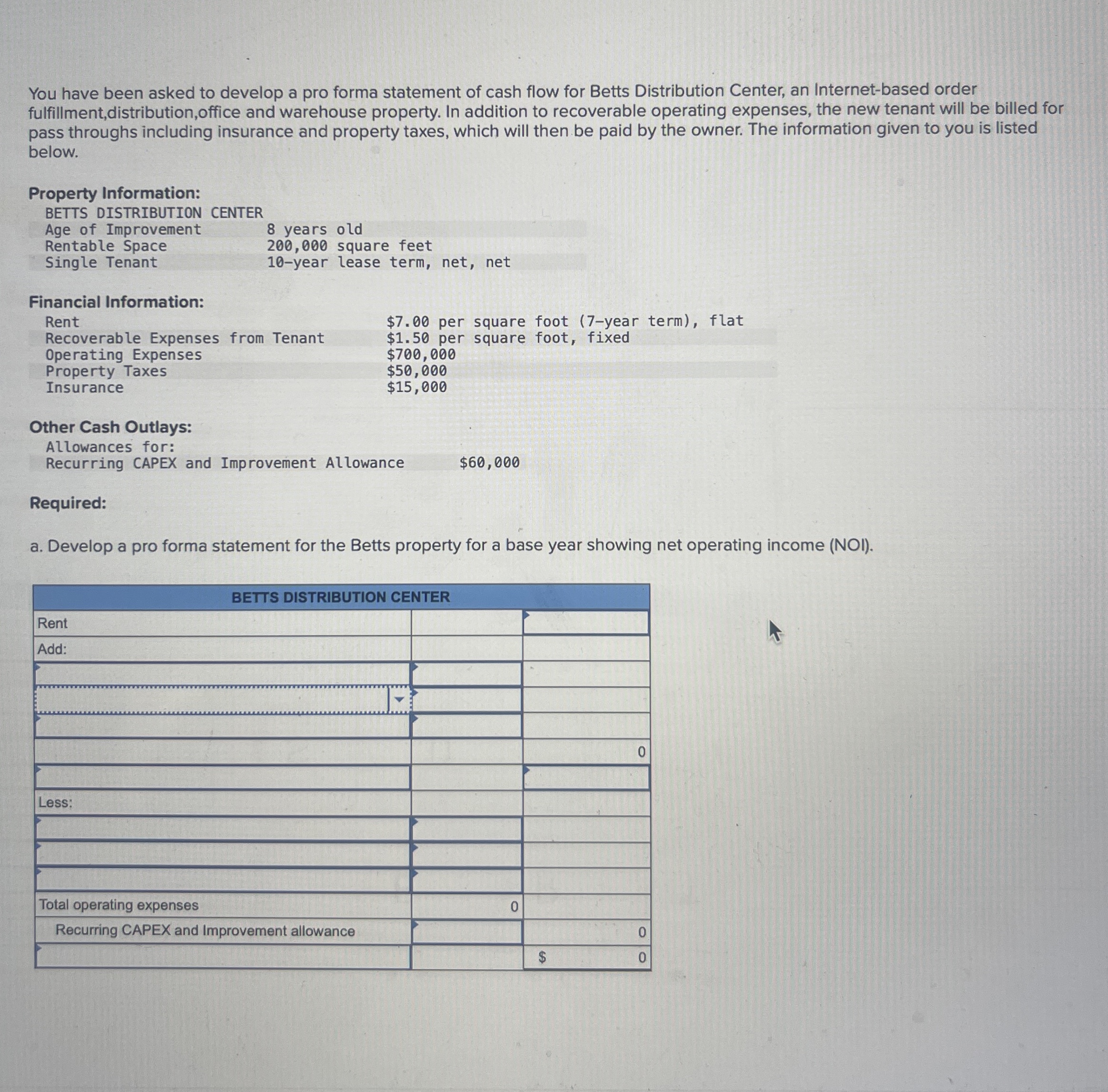  You have been asked to develop a pro forma statement of