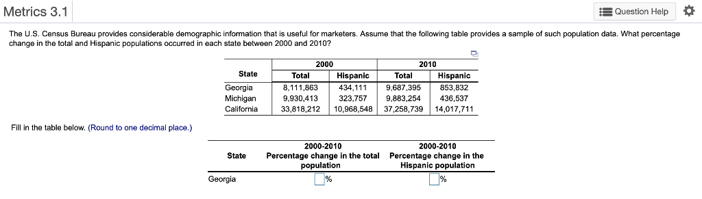 Metrics 3.1 Question Help The U.S. Census Bureau provides considerable demograp