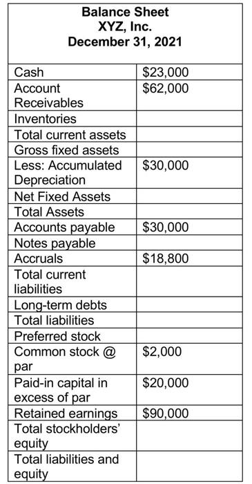 fill the table using the keys please Balance Sheet XYZ, Inc. December