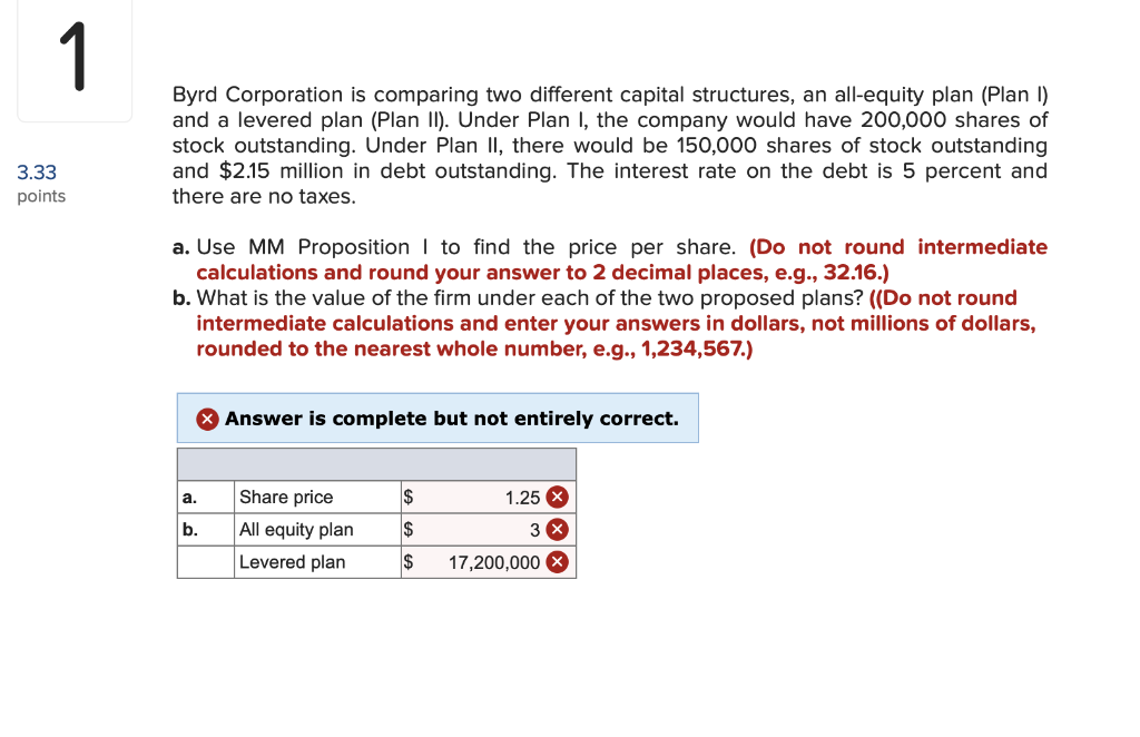 1 Byrd Corporation is comparing two different capital structures, an all-equity