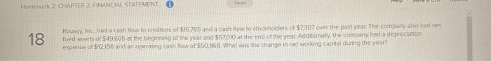 Homework 2. CHAPTER 2 FINANCIAL STATEMENT 18 Rousey, Inc. a cash