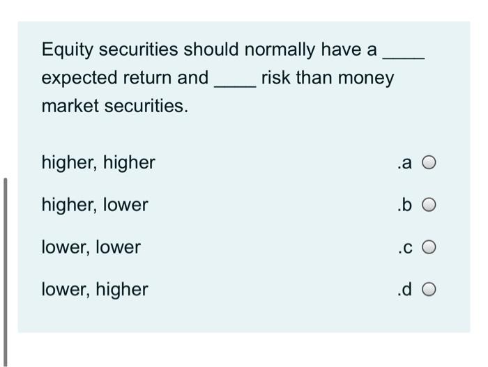  Equity securities should normally have a expected return and risk than