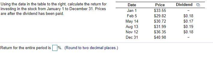  Dividend Using the data in the table to the right, calculate