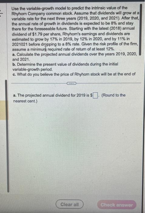 the question has 6 parts A. through E. Use the variable-growth model