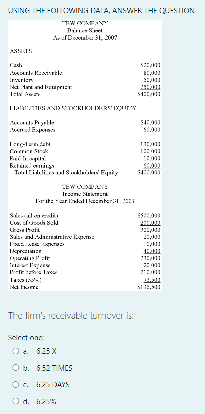  USING THE FOLLOWING DATA, ANSWER THE QUESTION TEW COMPANY Balance Sheet