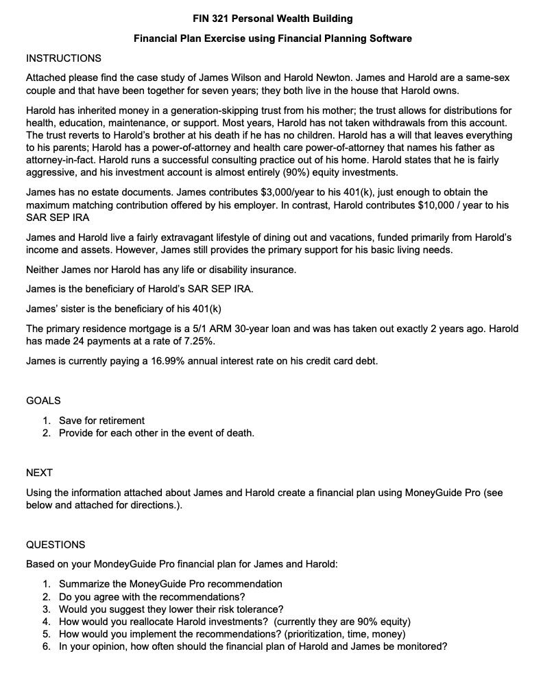  FIN 321 Personal Wealth Building Financial Plan Exercise using Financial Planning