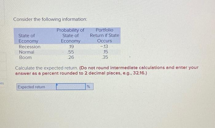  Consider the following information: Calculate the expected return. (Do not round