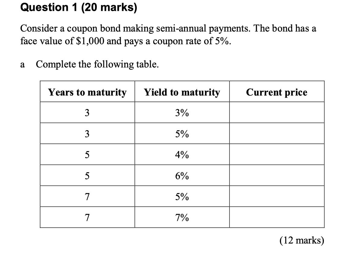  Question 1 (20 marks) Consider a coupon bond making semi-annual payments.