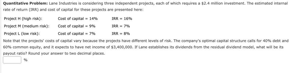 Quantitative Problem: Lane Industries is considering three independent projects, each of