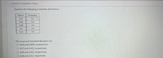 Question Completion Status Examine the following probability distribution: Return Probability 0.1