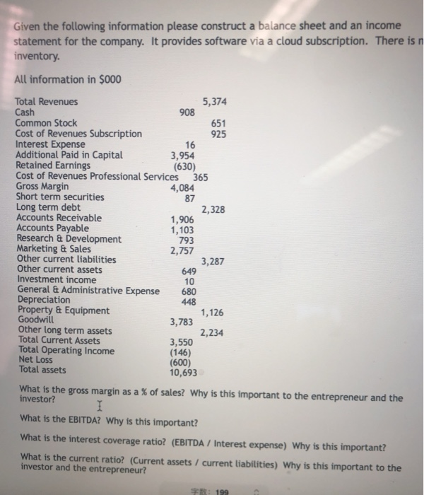  Given the following information please construct a balance sheet and an