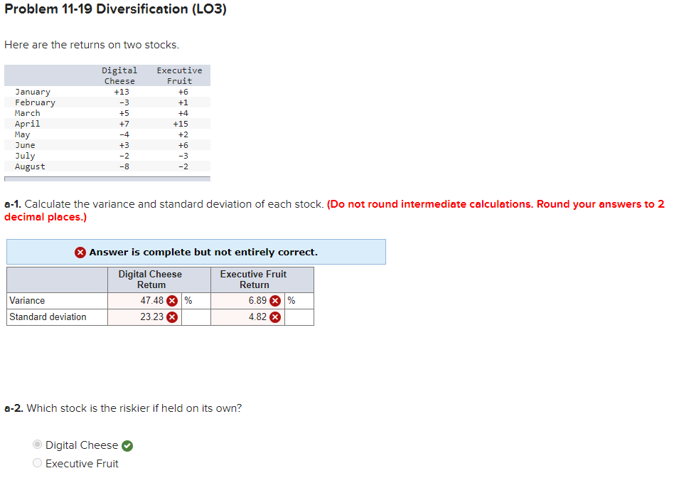 Here are the returns on two stocks. Problem 11-19 Diversification (LO3) Here