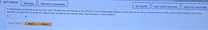  1. (0/1 Points DETAILS PREVIOUS ANSWERS MY NOTES ASK YOUR TEACHER