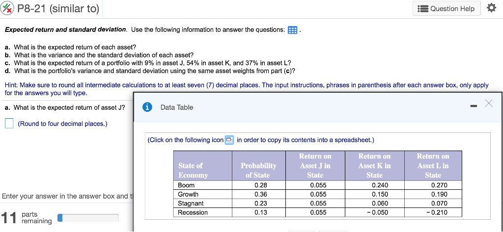 % P8-21 (similar to) Is Question Help Expected return and standard
