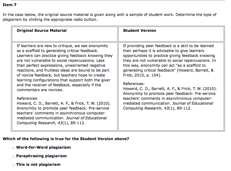 plagiarism by clicking the appropriate radio button Original Source Material Student Version