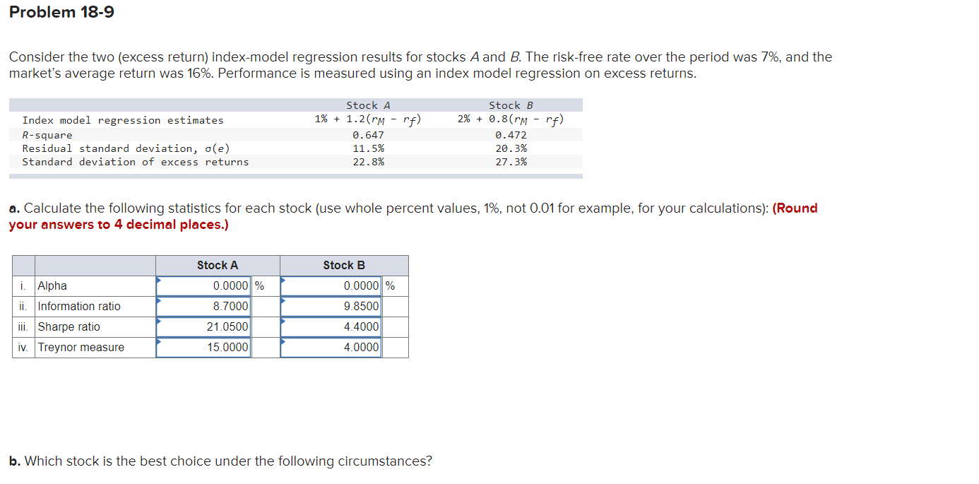  Problem 18-9 Consider the two (excess return) index-model regression results for