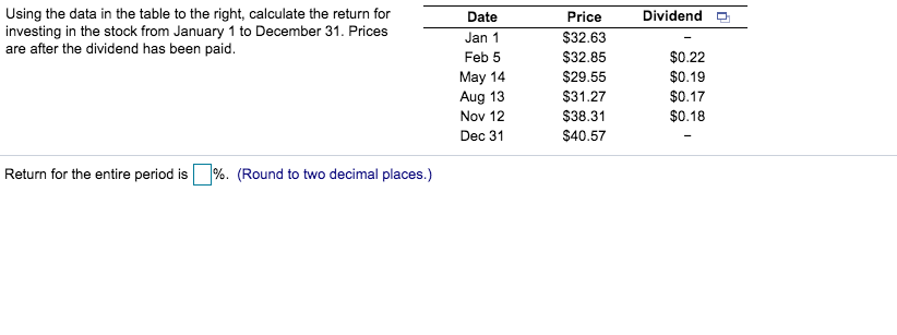 Dividendo Using the data in the table to the right, calculate