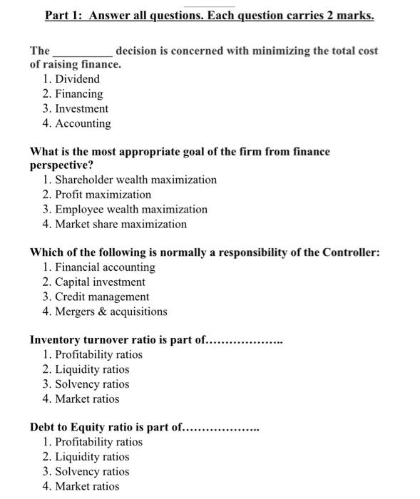 Please .. Part 1: Answer all questions. Each question carries 2 marks.