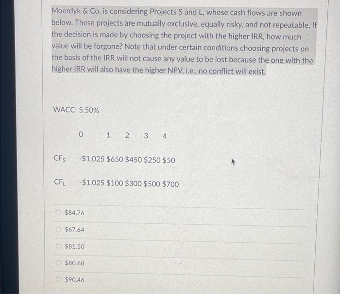  Moerdyk & Co. is considering Projects S and L, whose cash