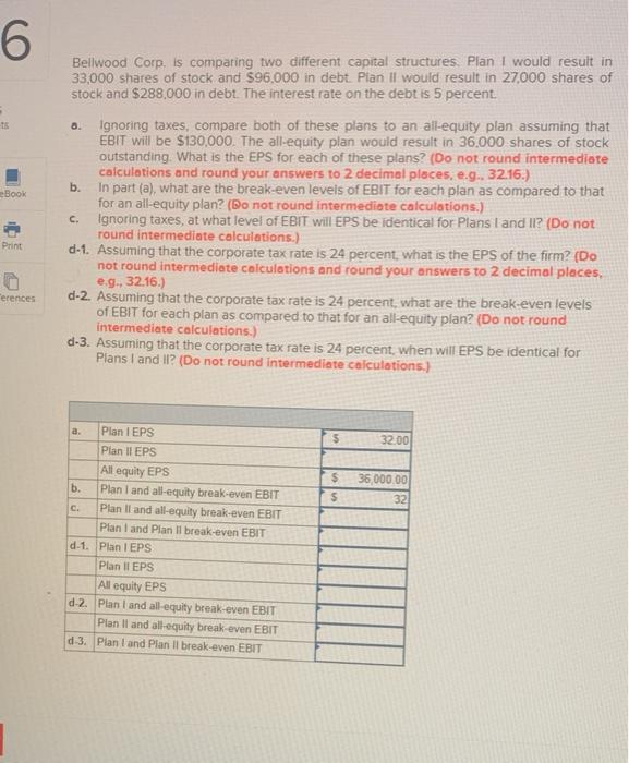  6 Bellwood Corp. is comparing two different capital structures, Plan I