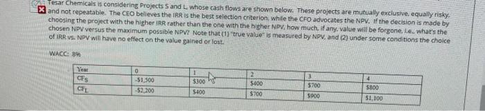  is considering Projects S and L, whose cash flows are shown