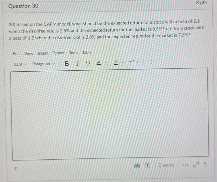  30) Based on the CAPM model, what should be the expected
