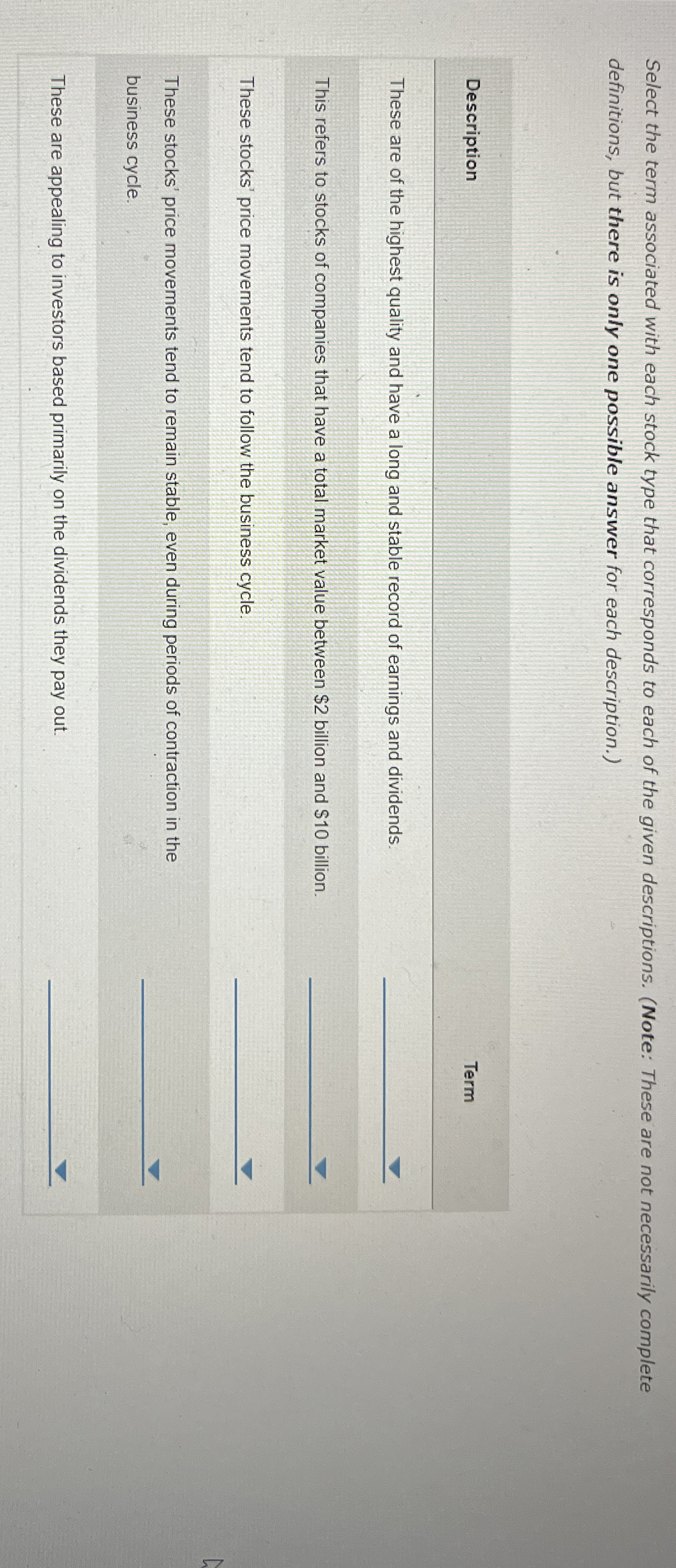  Select the term associated with each stock type that corresponds to