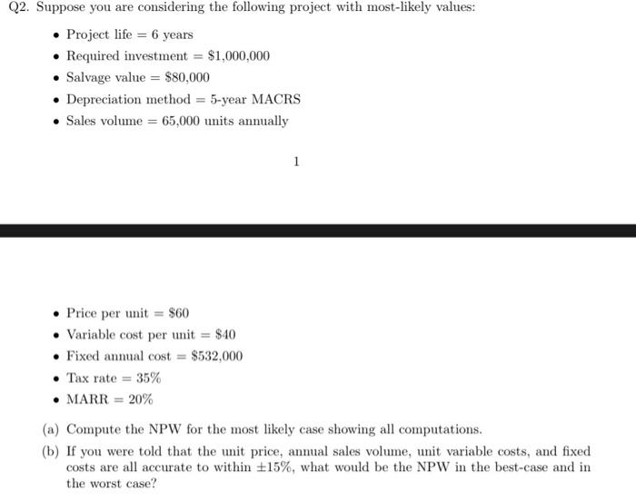 please solve it manually Q2. Suppose you are considering the following project