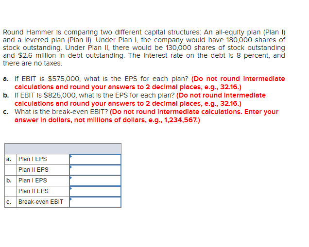  Round Hammer is comparing two different capital structures: An all-equity plan