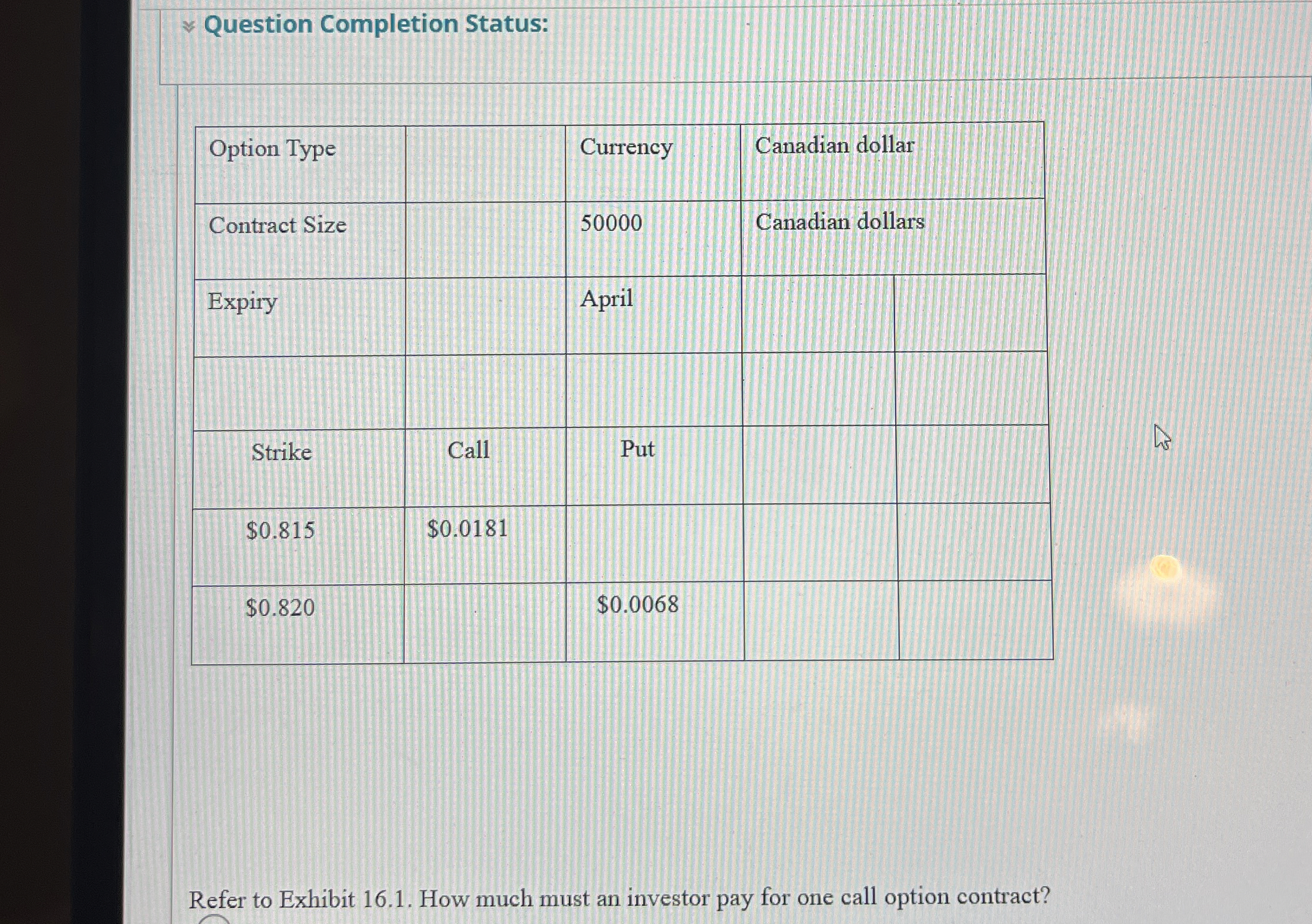  Question Completion Status: \table[[Option Type,,Currency,Canadian dollar],[Contract Size,,50000,Canadian dollars],[Expiry,,April,],[Strike,Call,Put,],[$0.815,$0.0181,,],[$,,,]] Refer to Exhibit