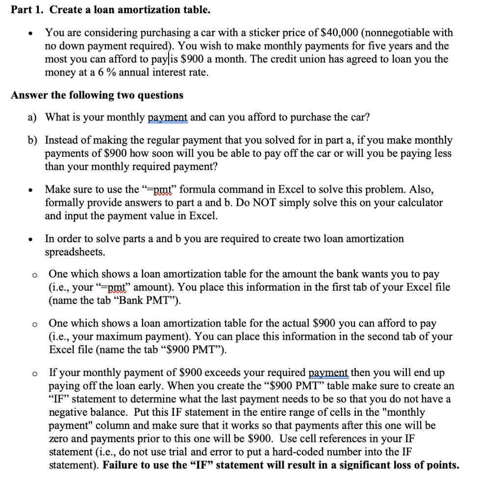 Part 1. Create a loan amortization table. You are considering purchasing