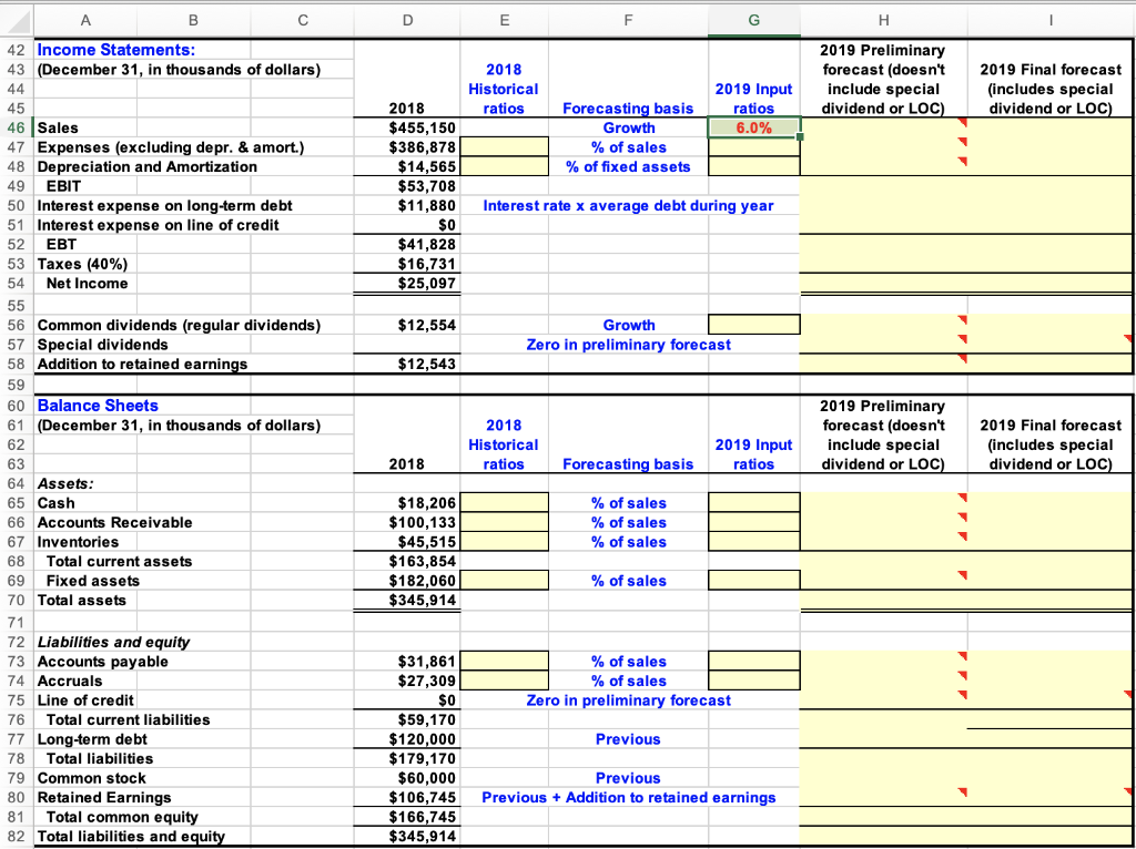 G H 1 2 Forecast Zeiber's 2019 income statement and balance sheets.